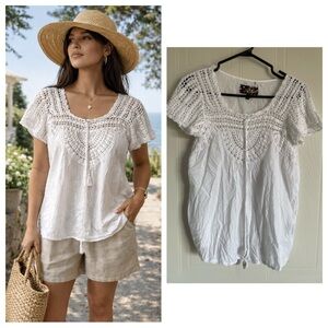 White Cotton Crochet Blouse Small Cottagecore Coastal Grandma